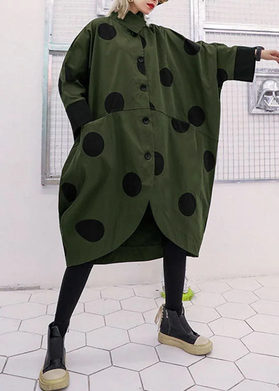 Loose Army Green asymmetrical design Peter Pan Collar dot print trench coats