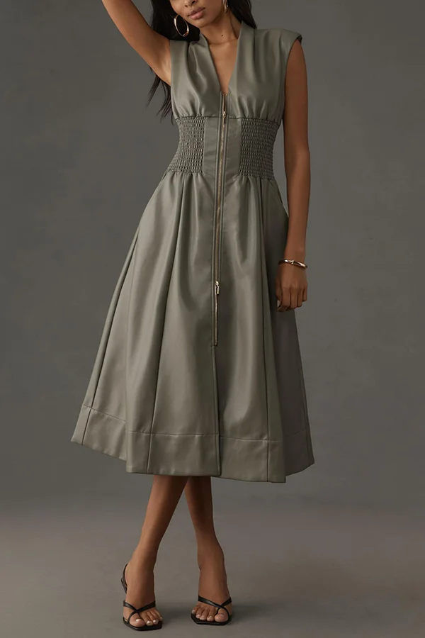 Kiera Faux Leather Smocked Waist Zipper Pocketed Midi Dress