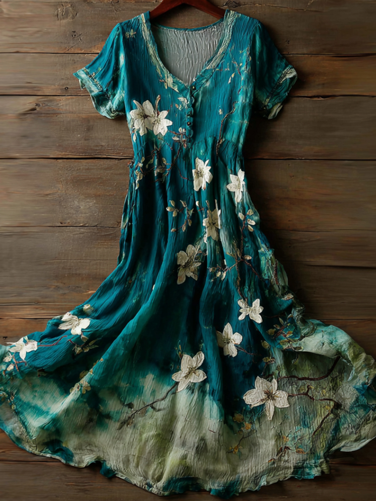 Retro White Floral Art Embroidery Washed Tie-dye V-neck Dress elevenforest