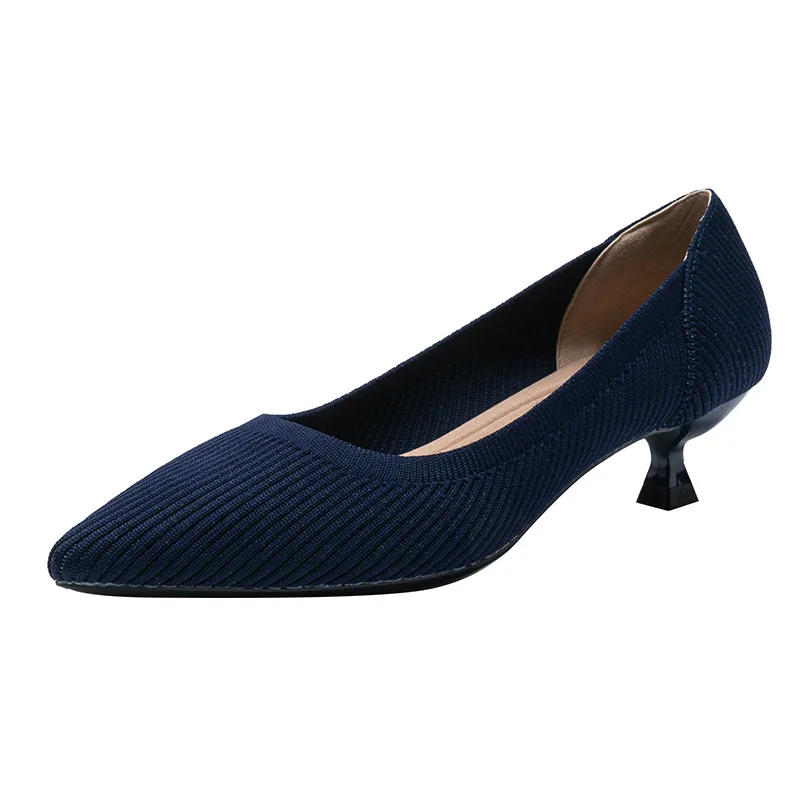 Canrulo Pointed Toe Solid Color Stretch Knitted Shoes Pumps Slip on Sole Low Heels Breathable Loafers Women Mesh Shallow Sock Shoes