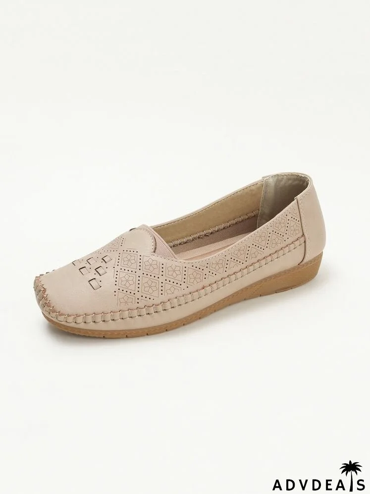 Perforated & Stitch Detail Square Toe Flats