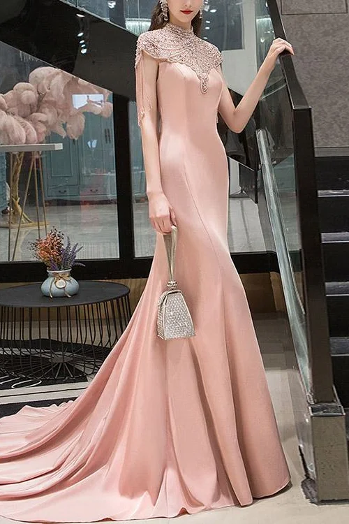 Daisda Pink Mermaid High Collar Evening Dress Tassel With Beadings On Sale