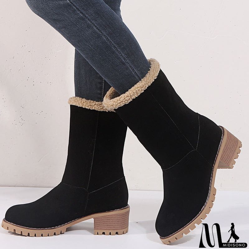 MidiSono - Warm Fur Lining Square Chunky Heel Suede Snow Boots for Women