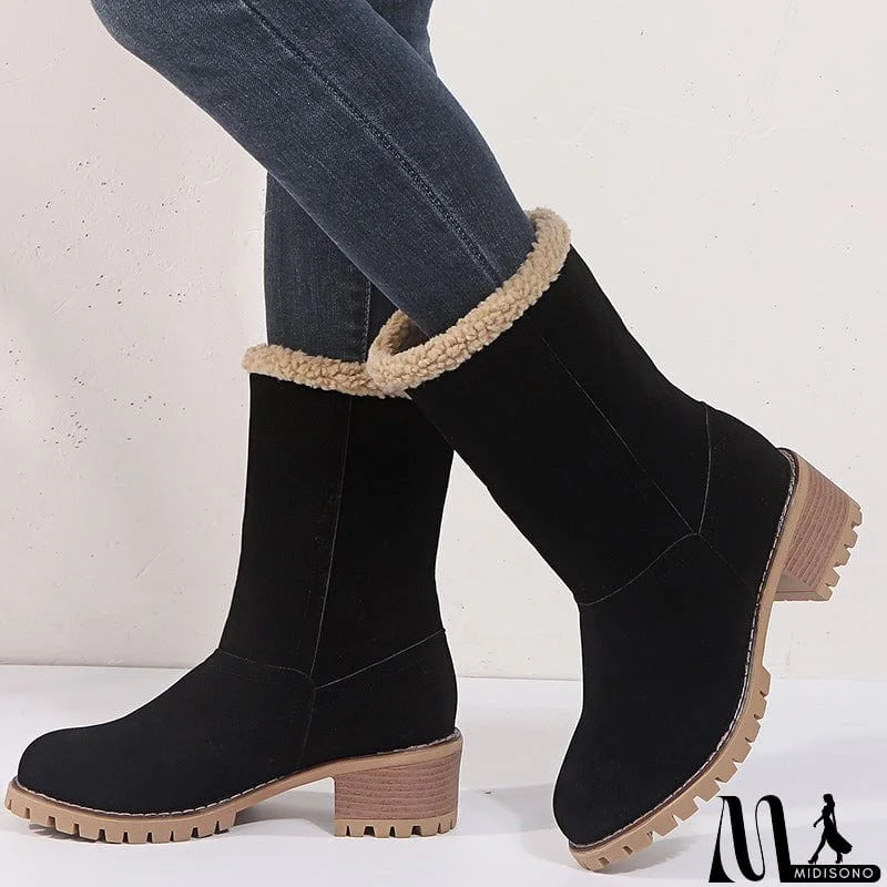 MidiSono - Warm Fur Lining Square Chunky Heel Suede Snow Boots for Women