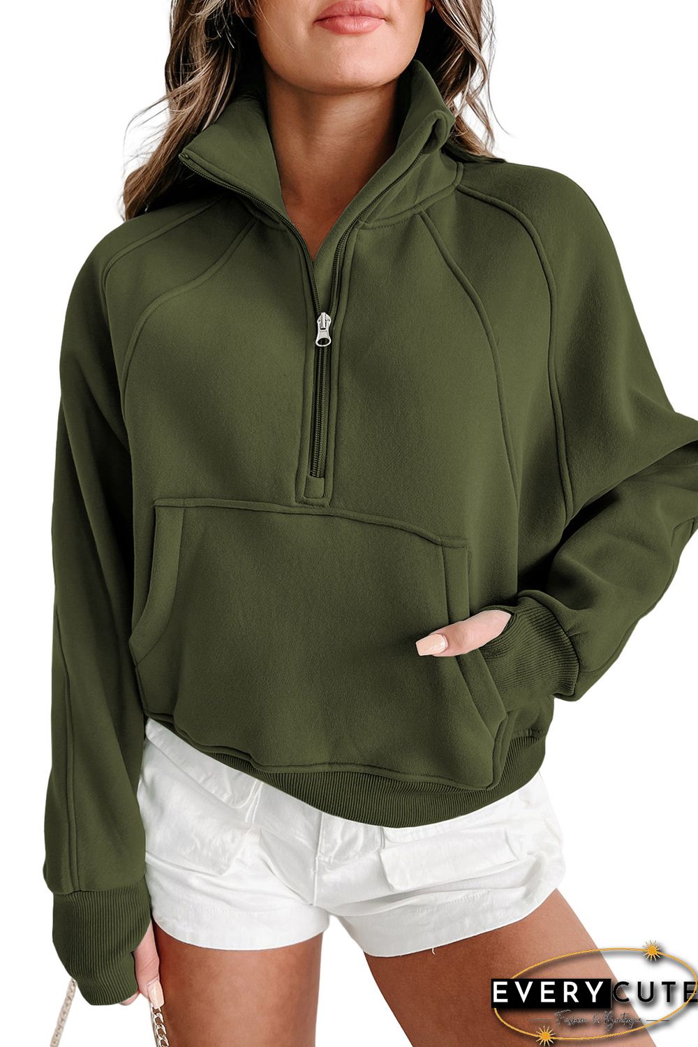 Green Zip Up Stand Collar Ribbed Thumbhole Sleeve Sweatshirt