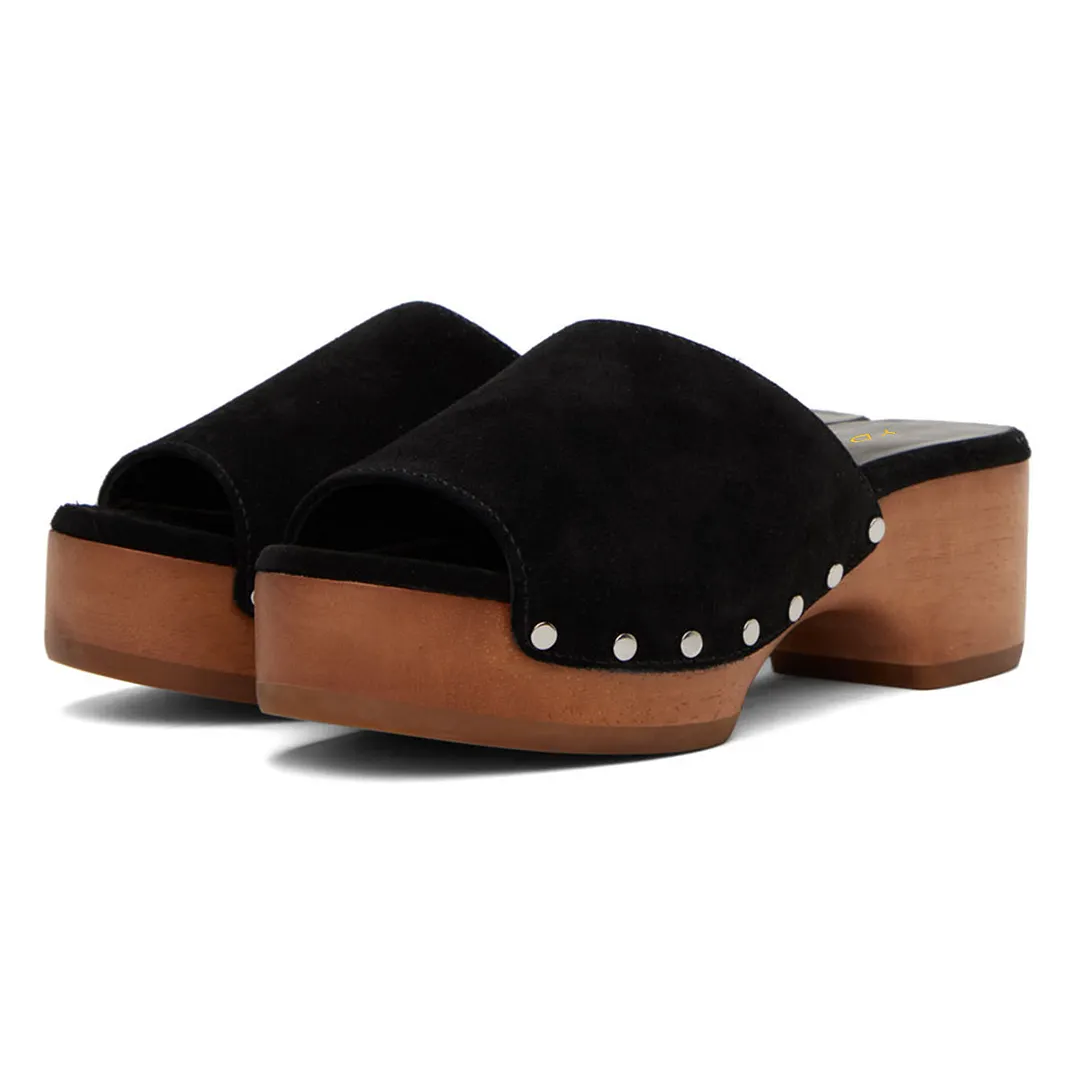 Black Vegan Suede Open Toe Studded Chunky Heel Slide with Platform