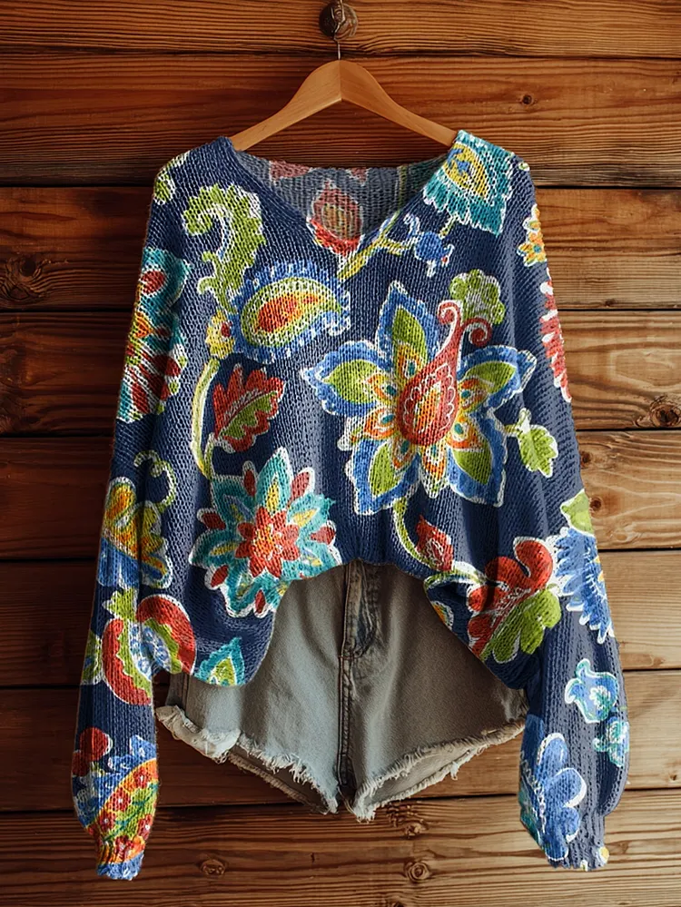 Women's Folk Flowers Print Casual V Neck Pullover Sweater