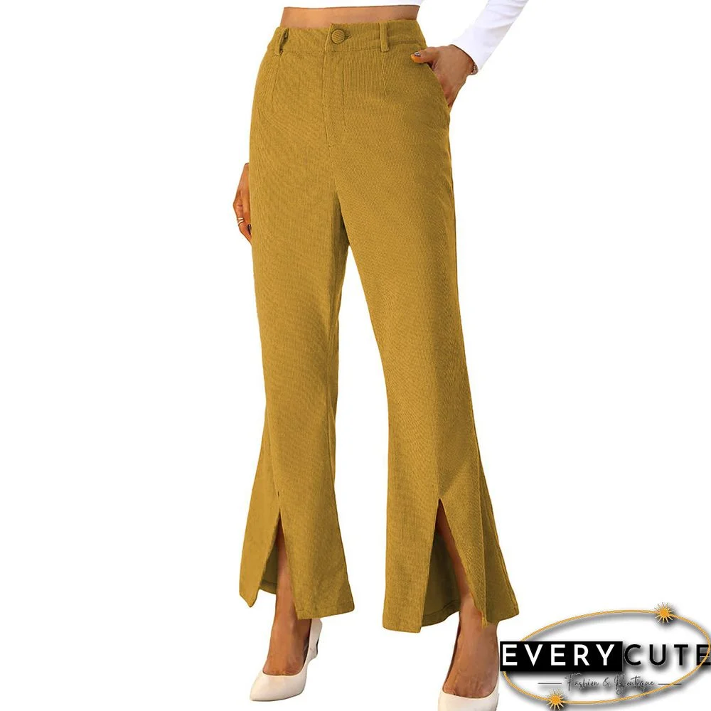 Yellow Corduroy High Waist Pocket Pants with Slit