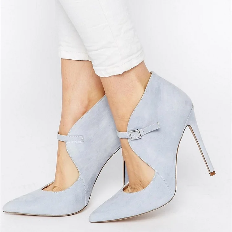 Grey Suede Shoes Pointy Toe Cut out Stiletto Heel Pumps for Women |FSJ Shoes