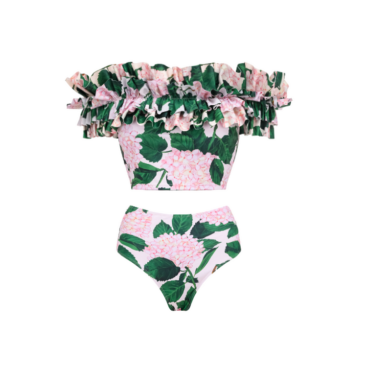 Bandeau Ruffle Floral Print Bikini Swimsuit and Skirt