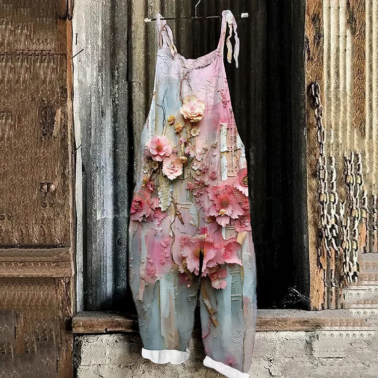Women's Floral Art Cotton Blend Casual Jumpsuit