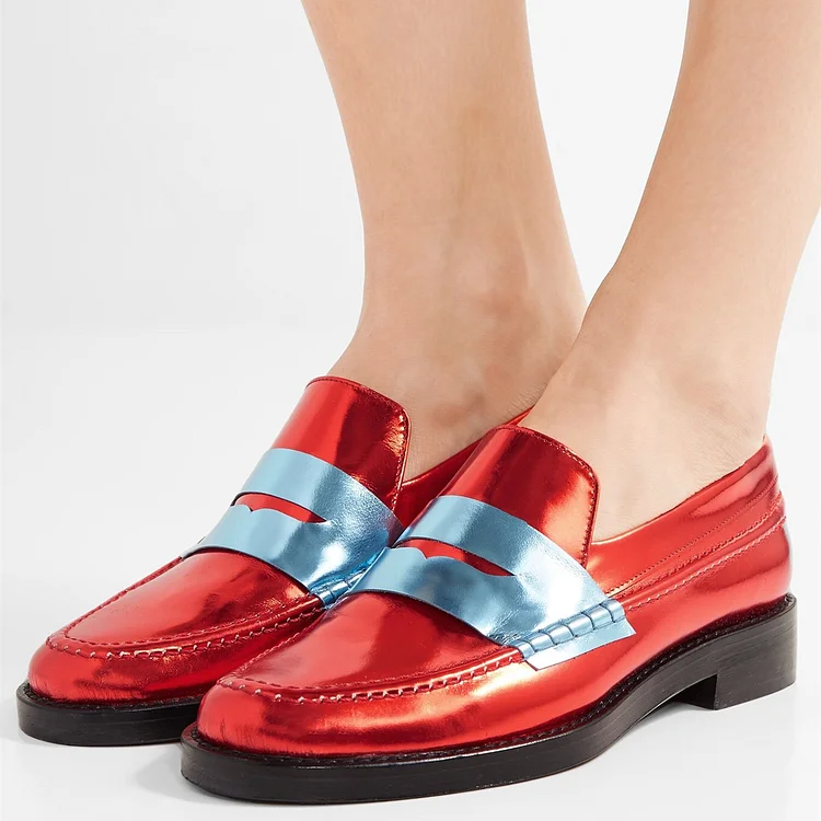 Red Shiny Vegan Leather Trending Flat Penny Loafers for Women |FSJ Shoes