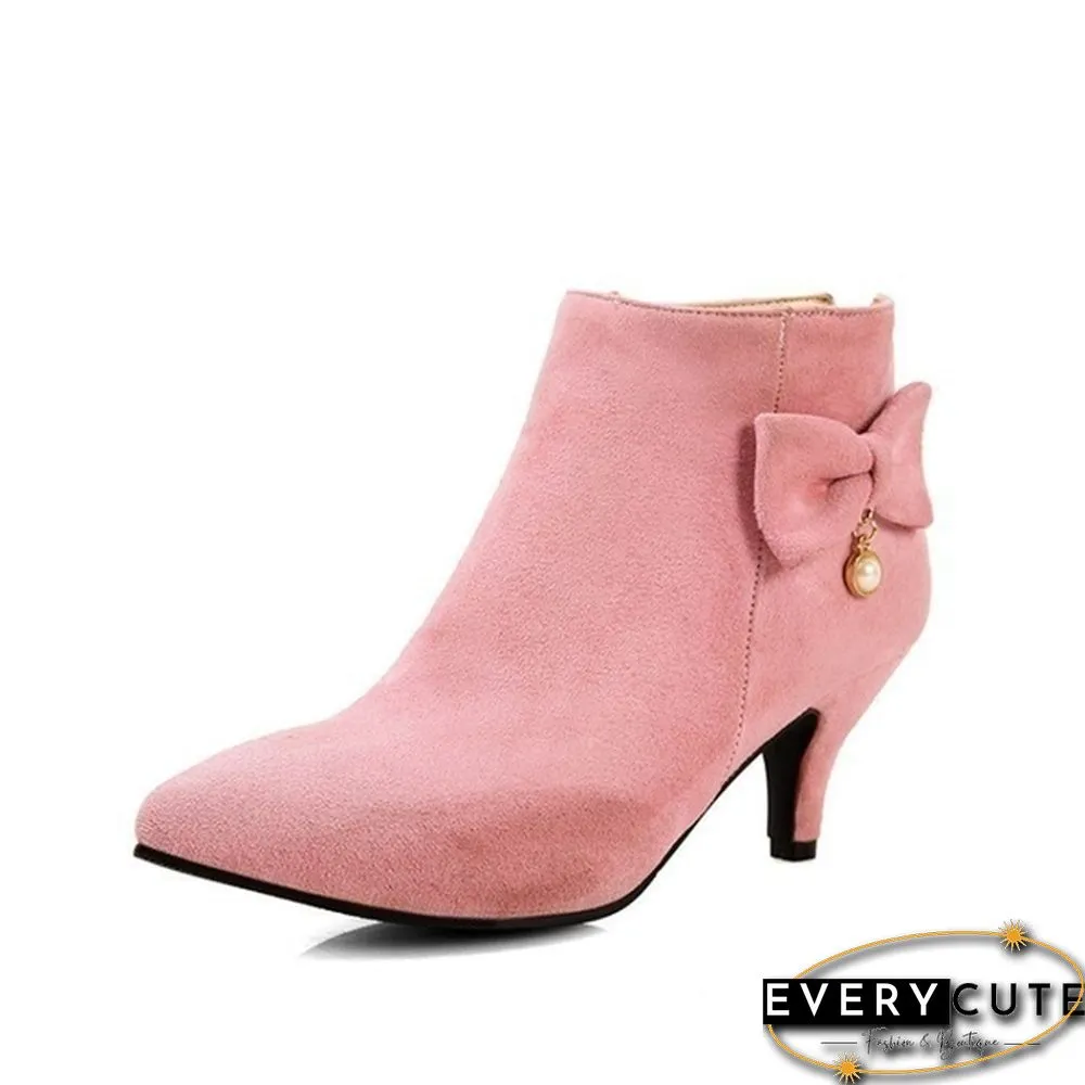 Womens Ankle Boots Low Heels Shoes Bow-Knot Suede Short Boot for women plus size pink