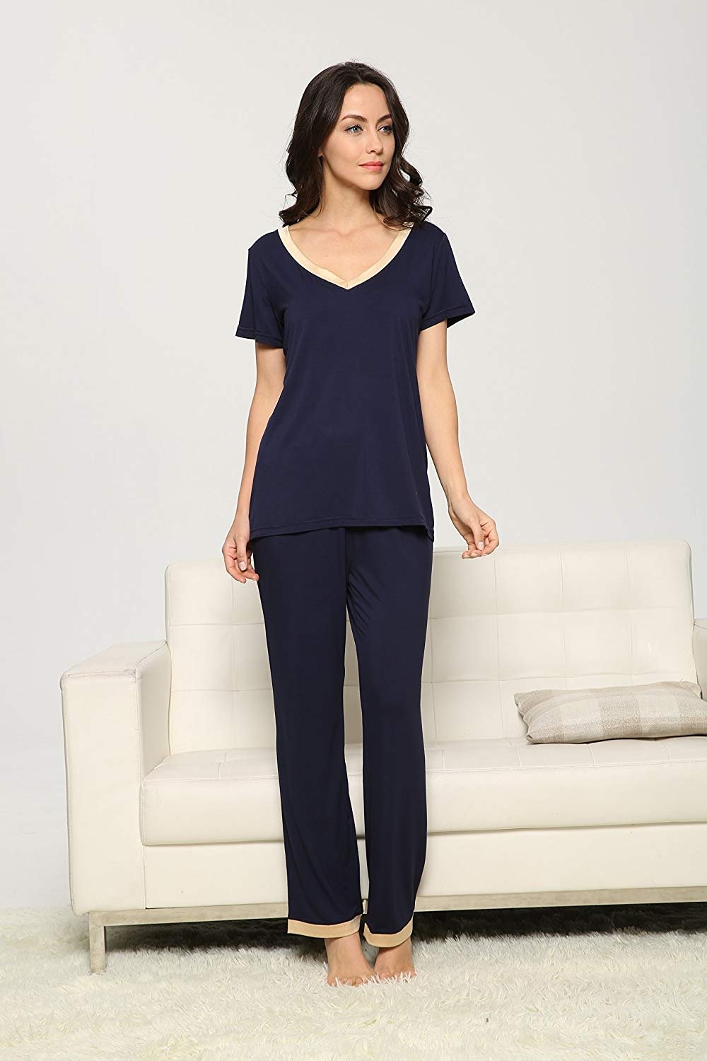 Women's V-Neck Sleepwear Short Sleeves Top with Pants Pajama Set