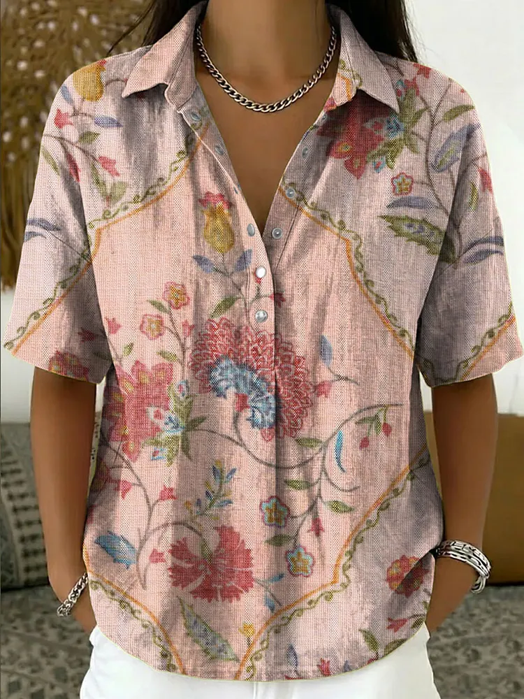 Women's Vintage Abstrct Casual Polo Collar Short-sleeved Linen And Cotton Shirt