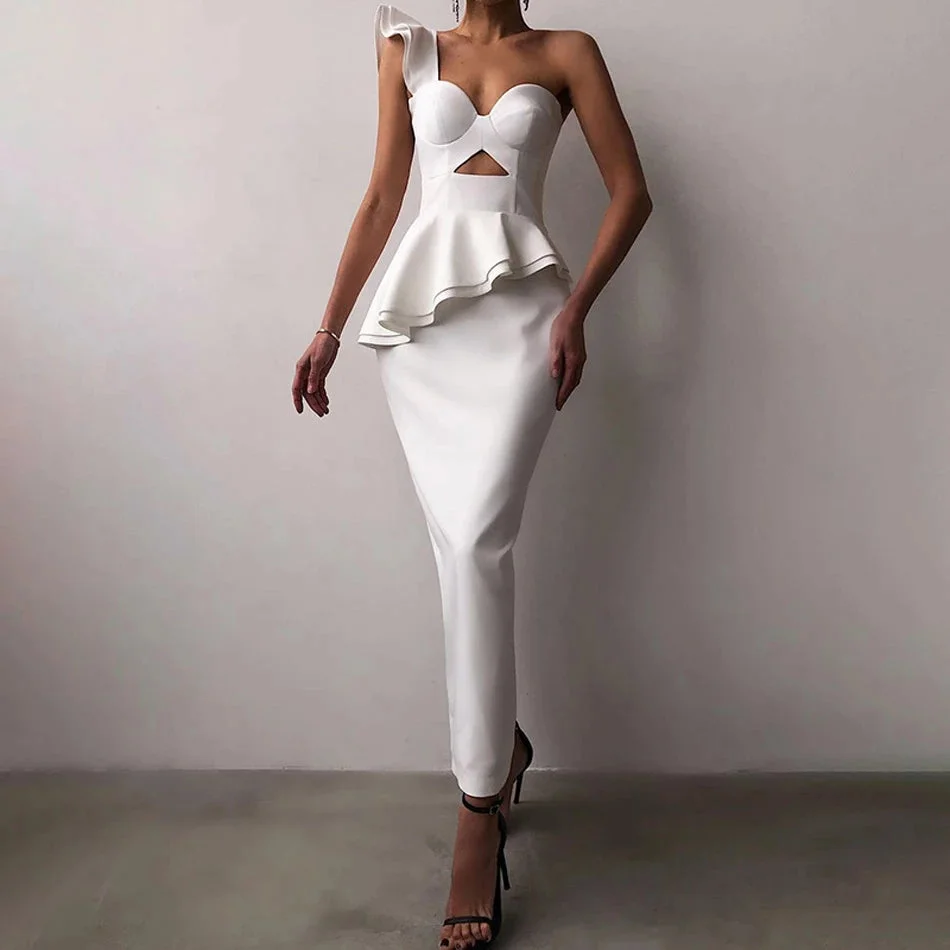 Summer dresses for  Women Elegant Evening Dress Fashion Female One Shoulder High Waist Corset Hollow Out Ruffle Long Party Dress Prom