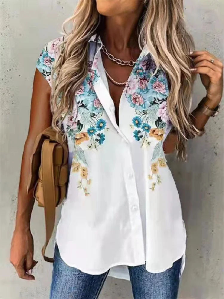 Women Short Sleeve Shirt Collar Floral Printed Graphic Button Top Shirts