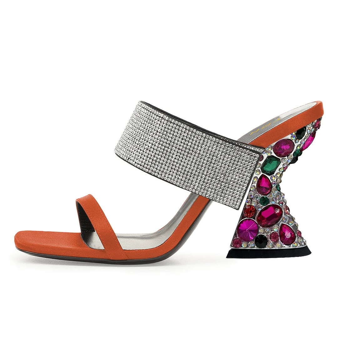 Satin Rhinestone Embellished Band Orange Mules with Sculptural Heels