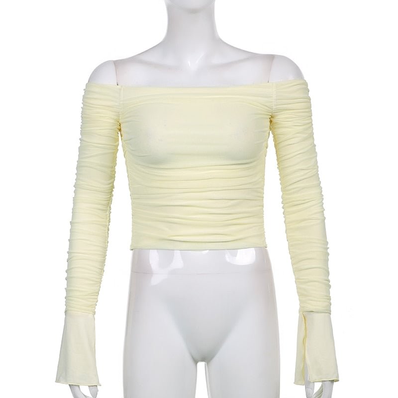 Sweetown Slash Neck Ruched Sexy Woman Tshirts Y2K Aesthetic Fairycore Mesh Crop Top Flare Sleeve Vintage 90s Tee Shirt White