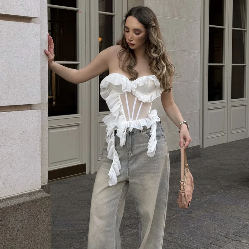 Uveng Uveng Autumn New Women's Sexy Pure Desire Flounce A Word Shoulder Slim Wrapped Vest Jacket