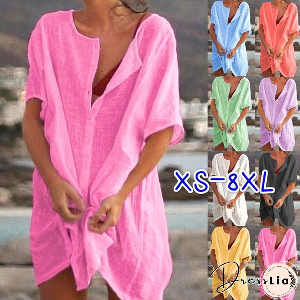 XS-8XL Summer Dresses Plus Size Fashion Clothes Women's Casual Short Sleeve Linen Blouses Deep V-neck Loose Party Dress Ladies Solid Color Swimsuit Cover-up Beach Wear Mini Dress