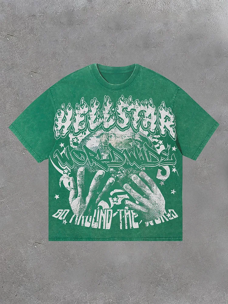 Vintage Hellstar Worldwide Graphic Casual Acid Washed Short Sleeve T-Shirt