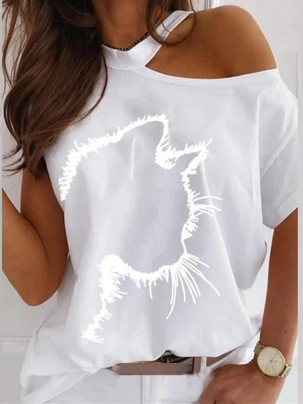 Women Short Sleeve Cold Shoulder Printed Graphic Loose Top