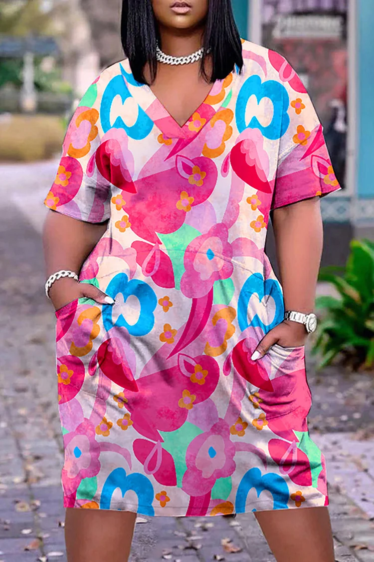 Plus Size Pink Daily Loose Print Pocket Midi Dresses 