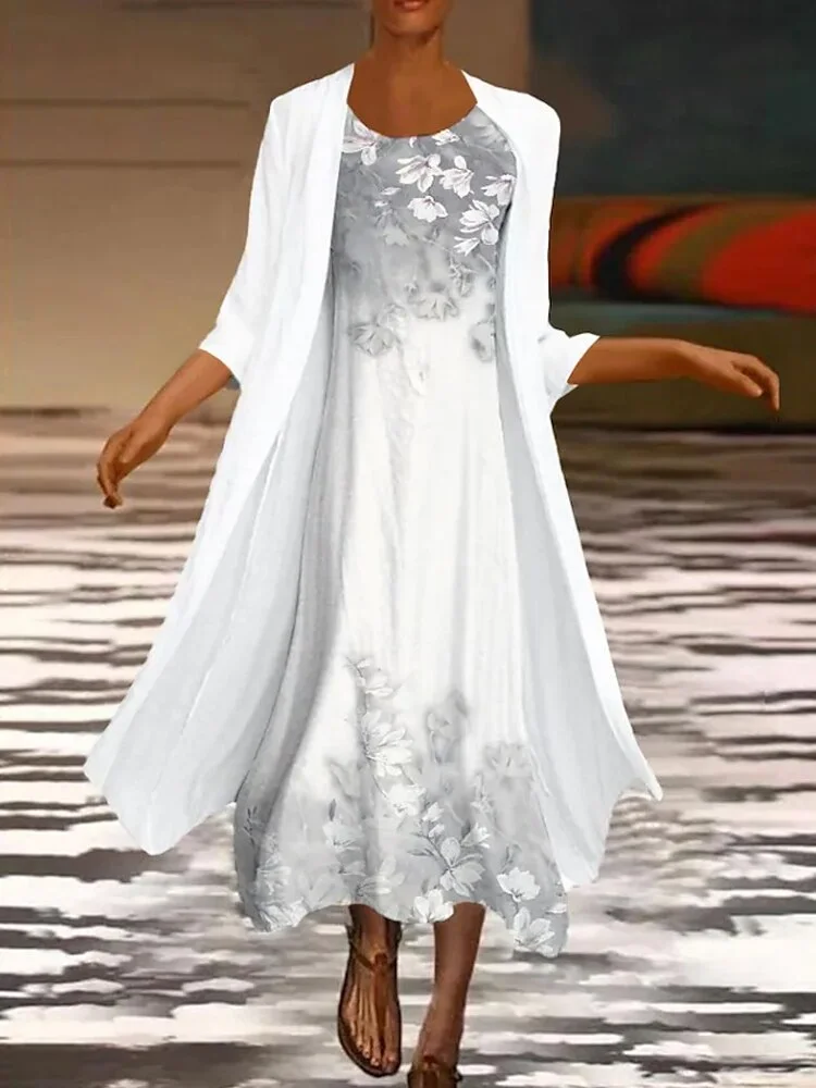 Breakj Spring Elegant Dress Suit Retro Printed Round Neck Dress Solid Jacket Two Piece Women 2022 New Fashion Office Long Dress Suit