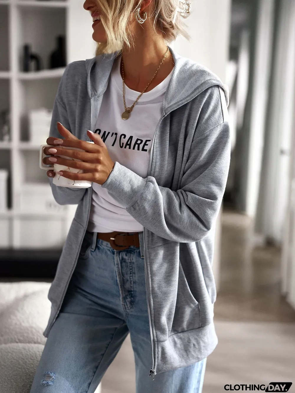 Fall Women Solid Color Zip Long Sleeve Casual Hoodies Coat