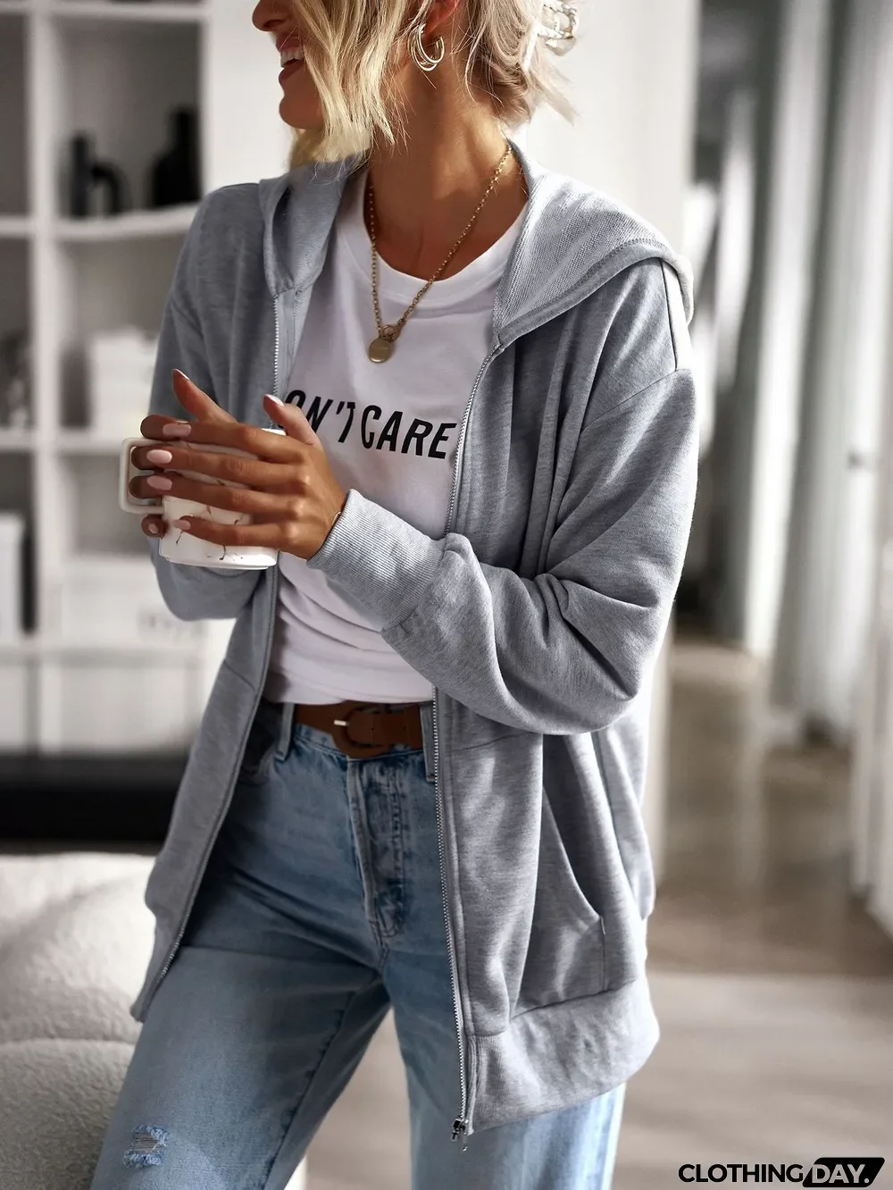 Fall Women Solid Color Zip Long Sleeve Casual Hoodies Coat