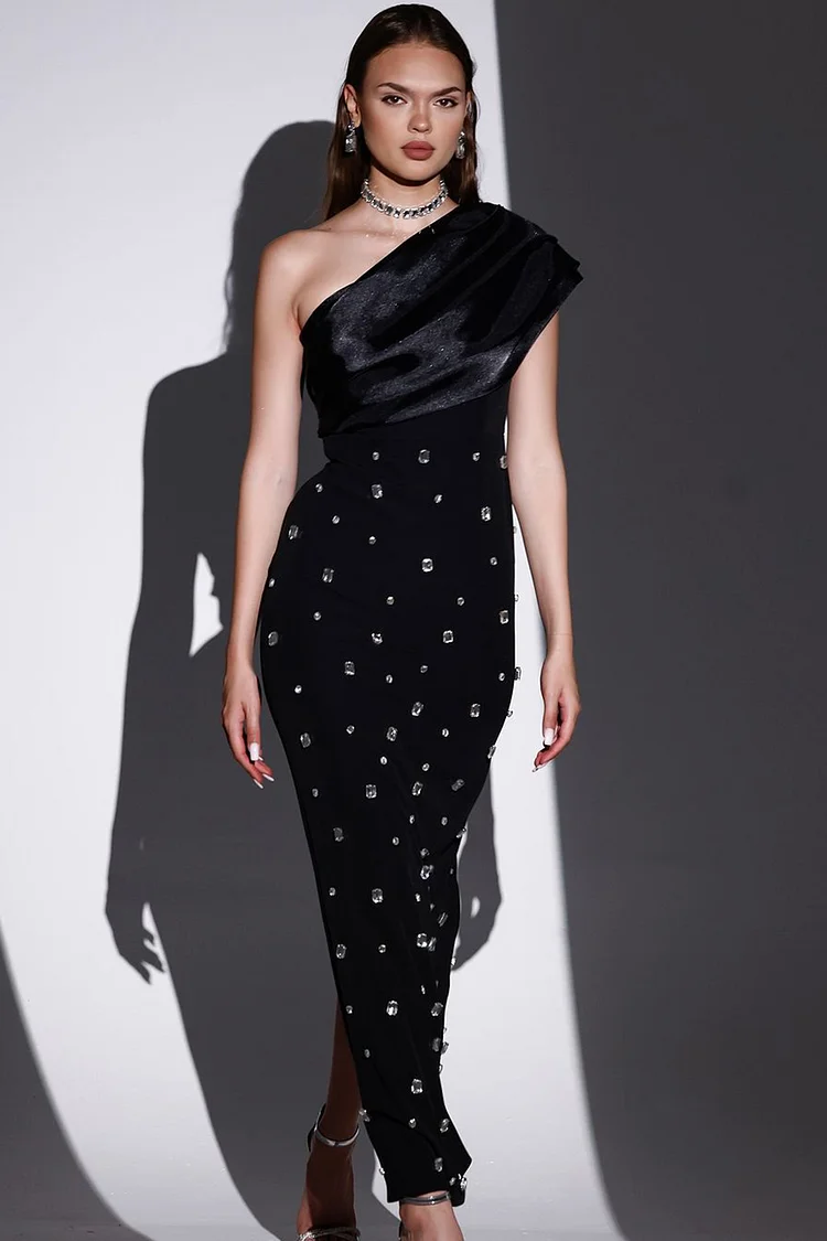 Mesh One Shoulder Rhinestone Embellished Maxi Dress-Black