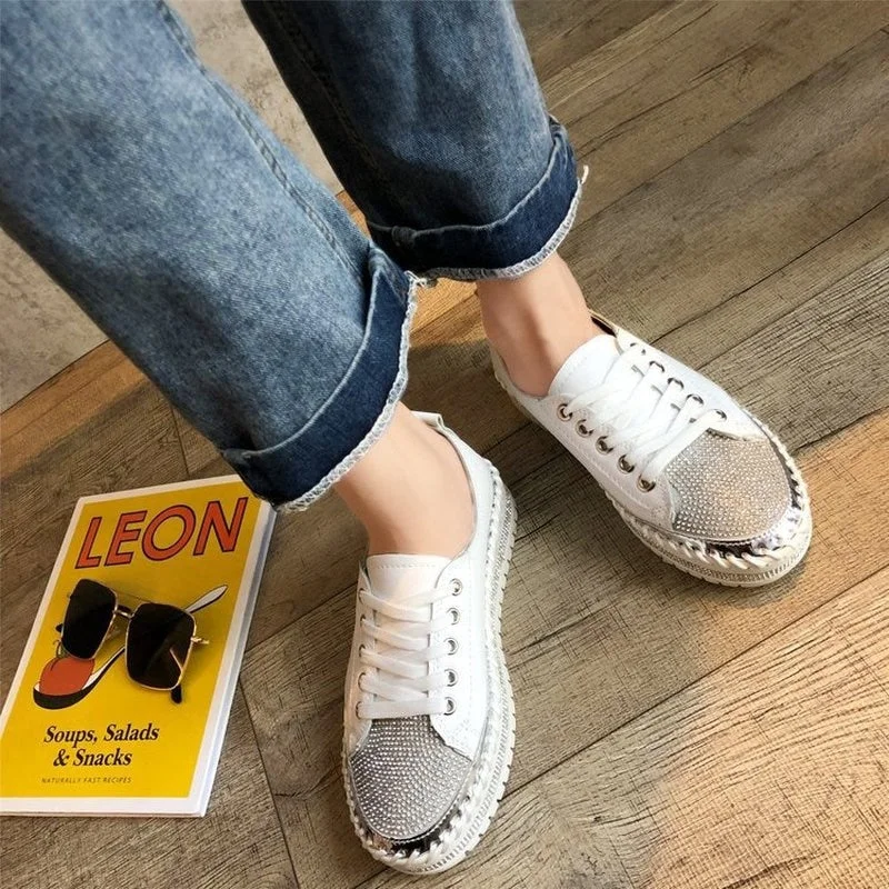 comemore Women Crystal Shoes 2021 Spring Fashion Bling Lace Up Ladies Casual Comfortable Round Toe Platform Sneakers White Shoes
