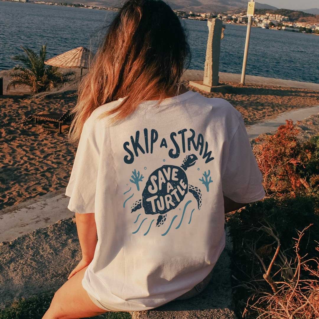 Women's Skip A Straw Save A Turtle Print Loose T-Shirt