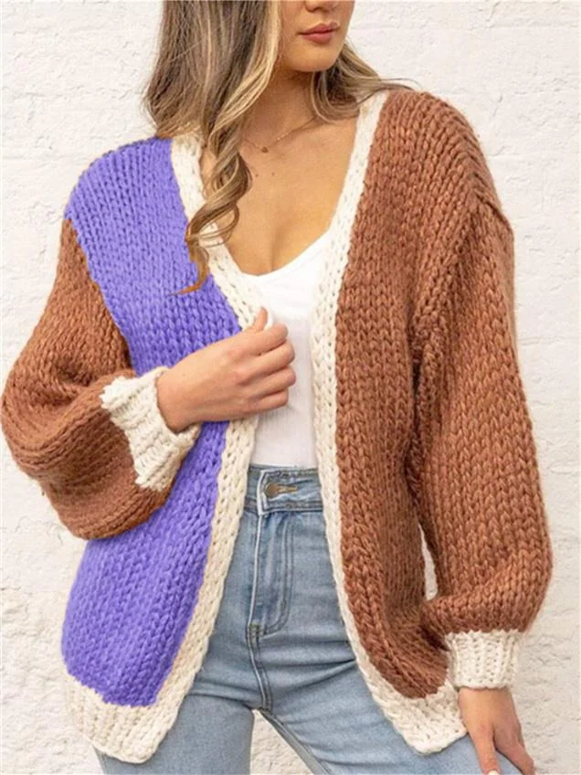 Women's Casual Colorblock Cardigan Long Sleeve Sweater Top