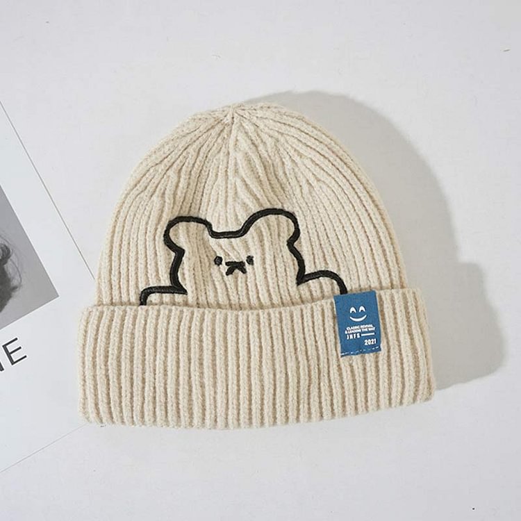 Cartoon Bear Embroidery Knit Hat - Modakawa