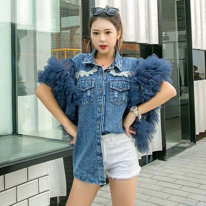Toloer Patchwork Mesh Diamond Jacket For Women Lapel Sleeveless Casual Streetwear Denim Jackets Female Fashion New Clothing Spring