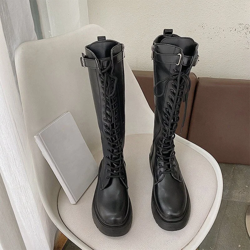 Christmas Gift New Women Boots Mid Calf Boots Solid Color Lace Up Female Boots Platform Non Slip Zipper Ladies Fashion Motorcycle Shoe 2021