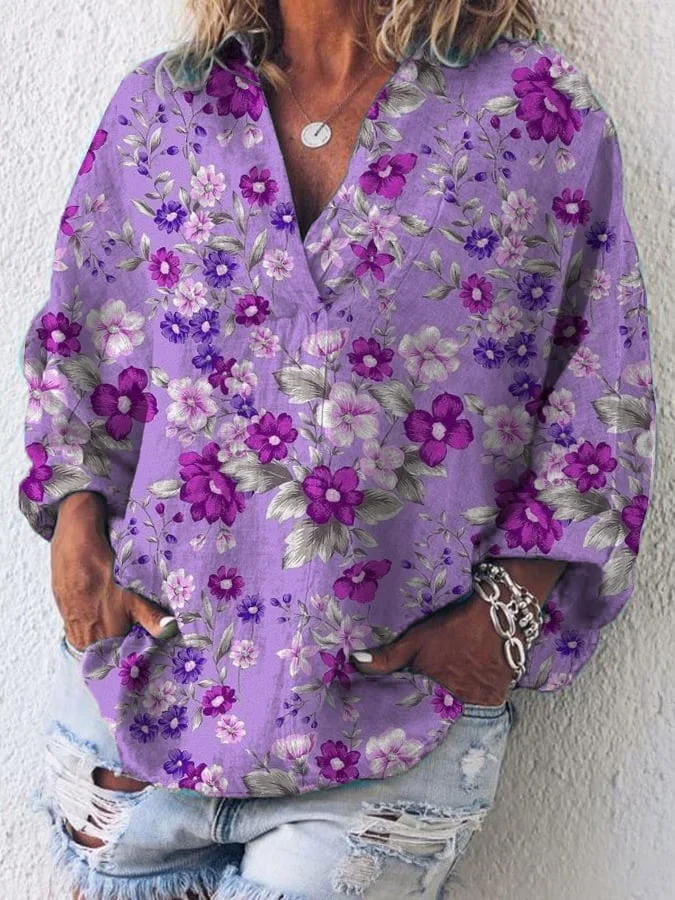 Women's Purple Floral V-Neck Top socialshop