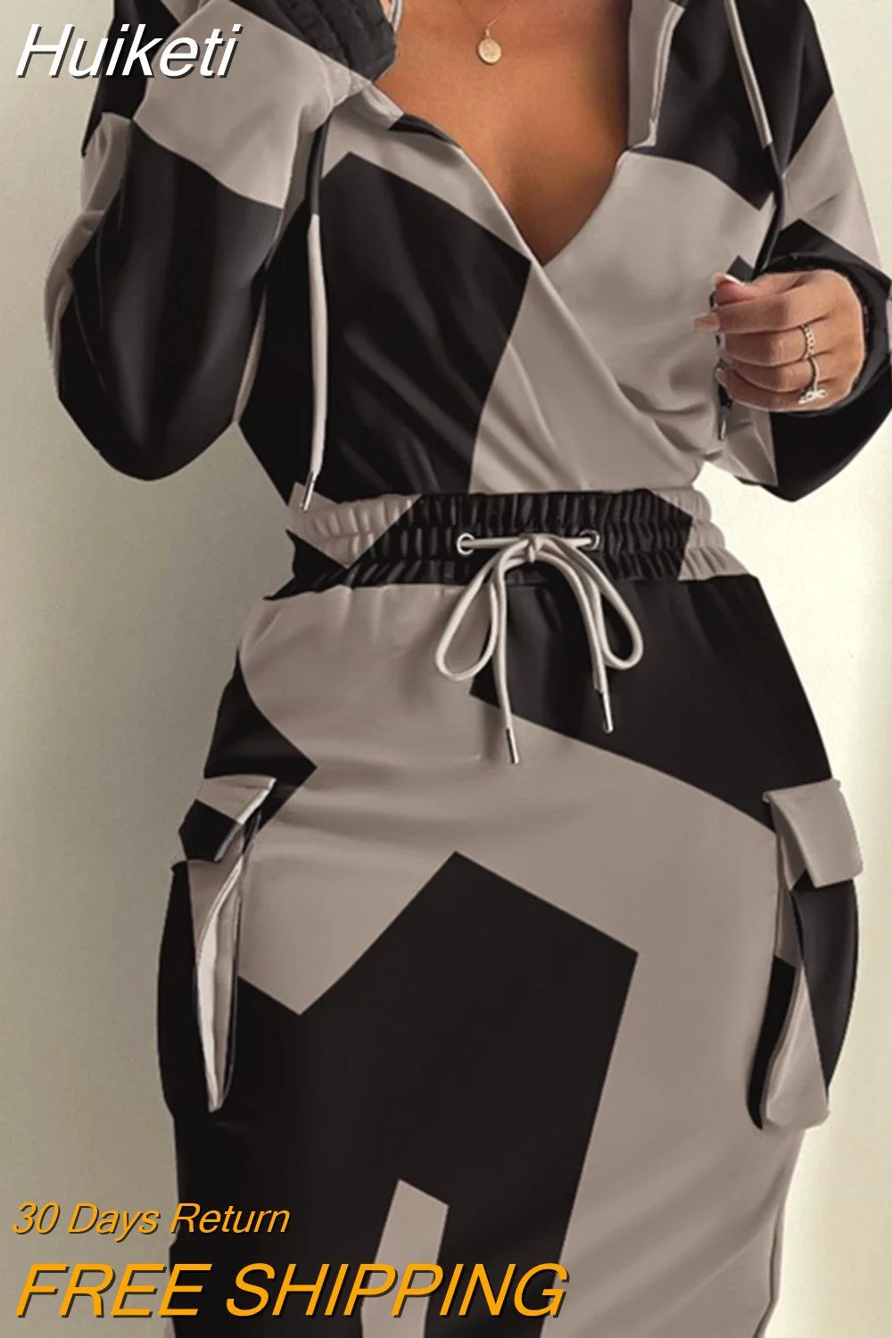Huiketi New Casual Long Sleeve V Neck Lowcut Grey Dress Flap Detail Drawstring Waist Hooded Sweatshirt Dress