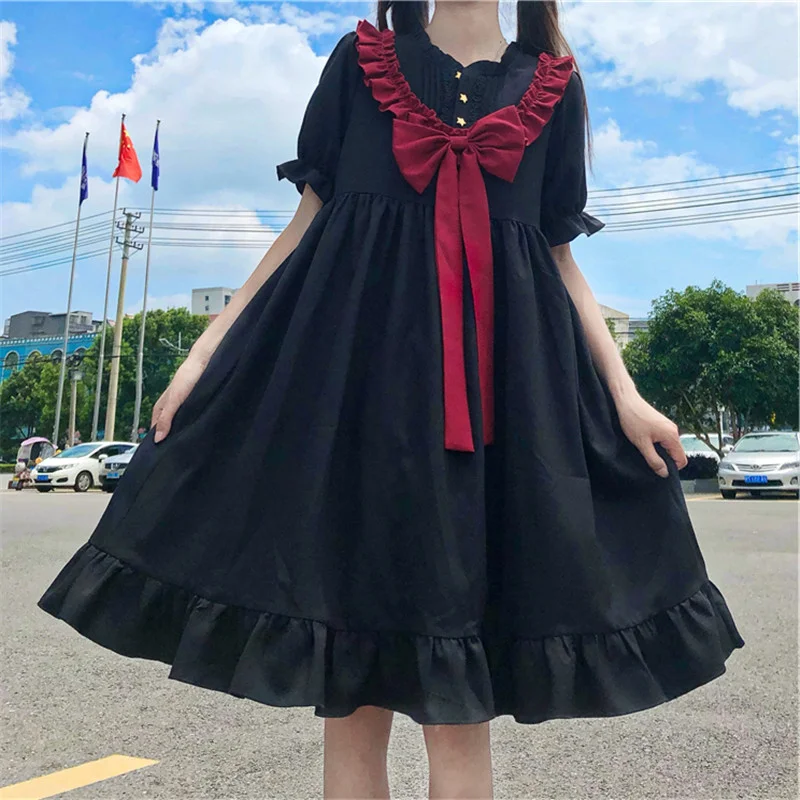 Gothic Lolita Dress Short Sleeve Pleated Little Black Dress with Bow Novameme