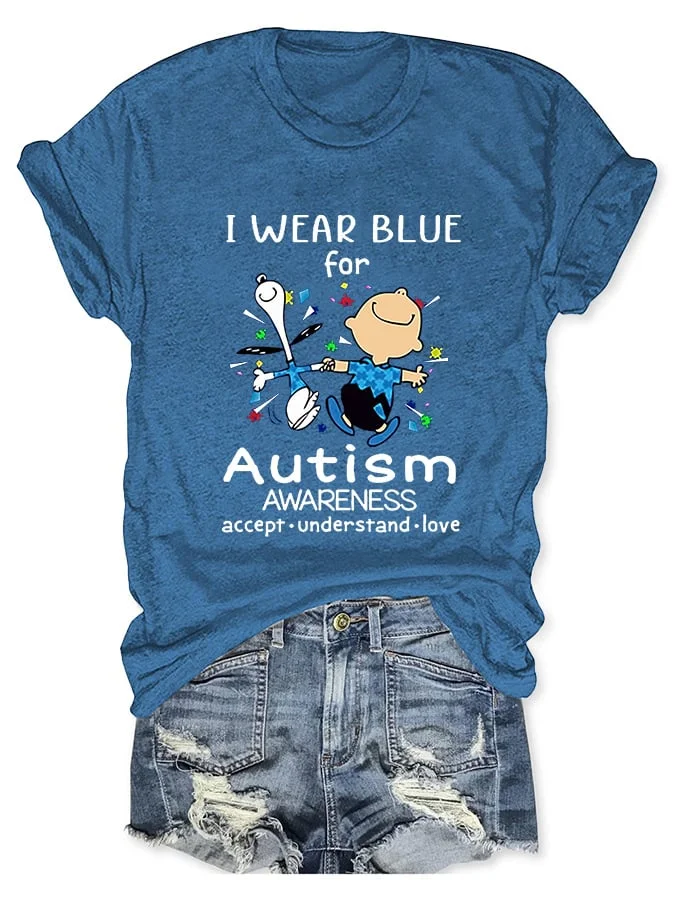 Round Neck Autism Awareness I Wear Blue For Autism Print T-Shirt