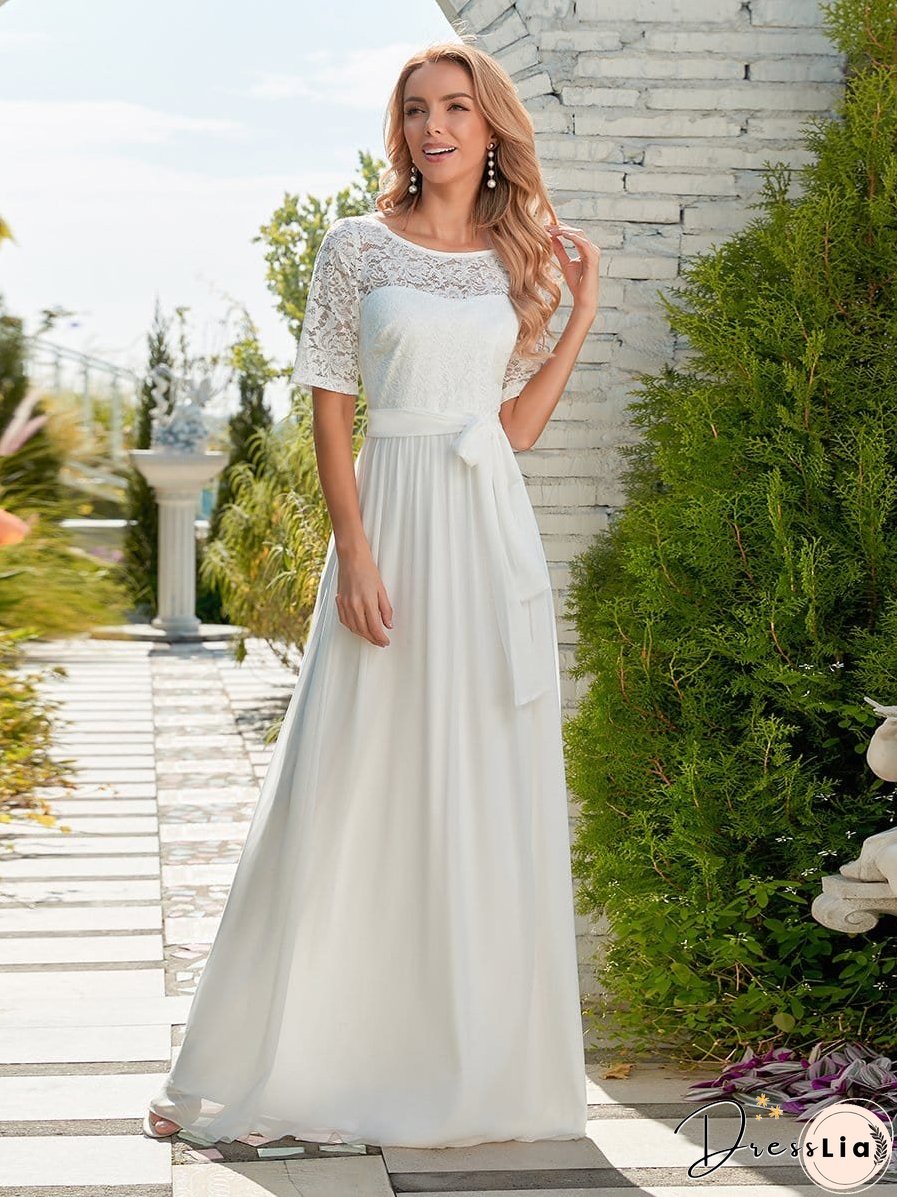 Sophisticated Lace Bodice Chiffon Maxi Evening Gown with Belt for Elegant Occasions