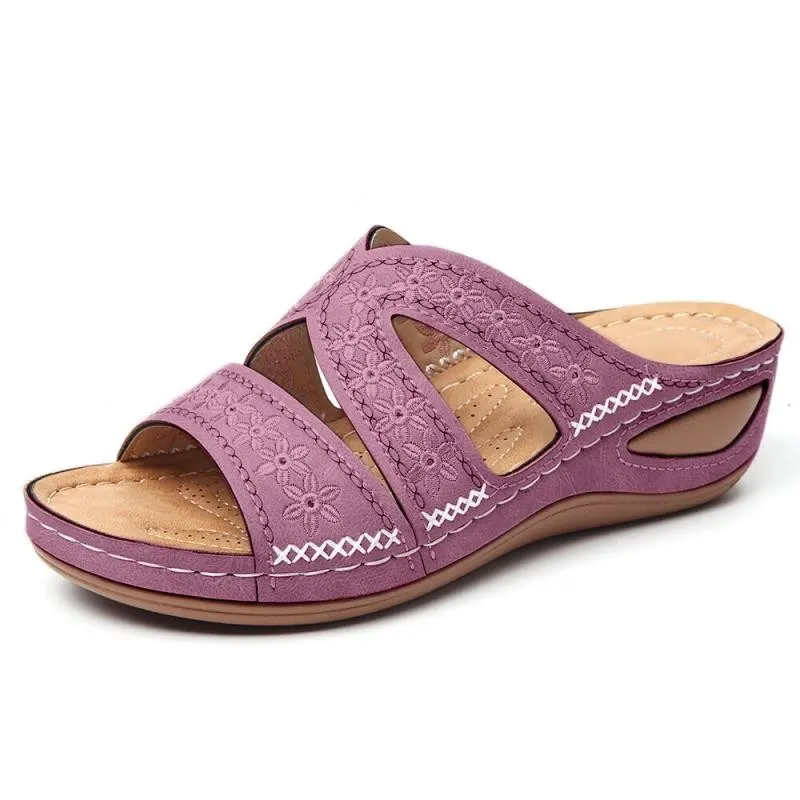 Yyvonne Women's Slope And Sewing Sandals Fish Mouth Thick Soles Hollow Large Size Shoes Embroidered Cool Slippers