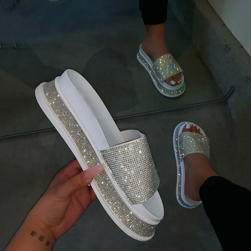 Luxury Trend Women Rhinestone Sandals Platform Wedge Mid Heel Thick Sole Outdoor Shiny Crystal Sexy Ladies Female 2021 Summe