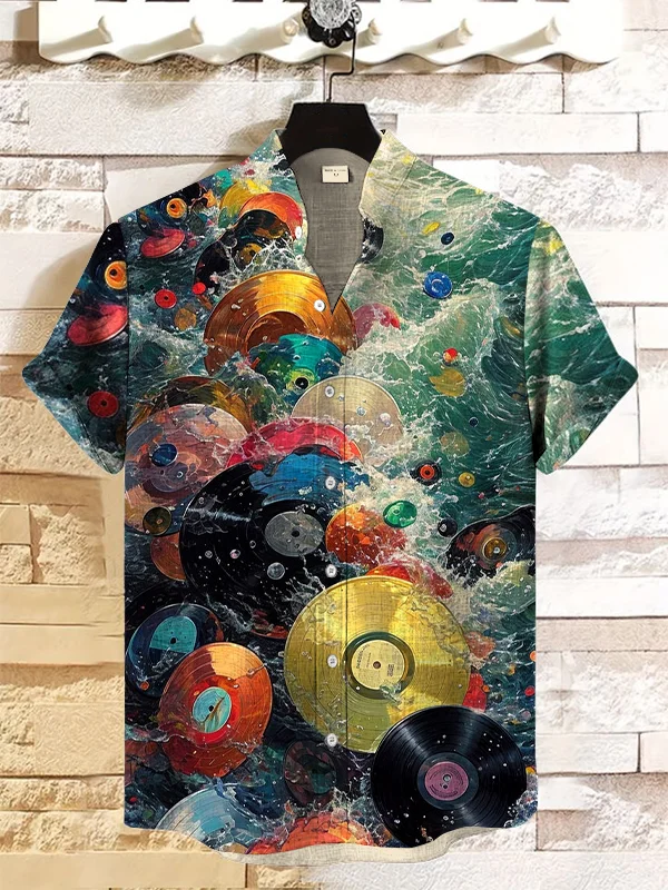 Men's Waves Record Art Painting Print Casual Short Sleeve Shirt