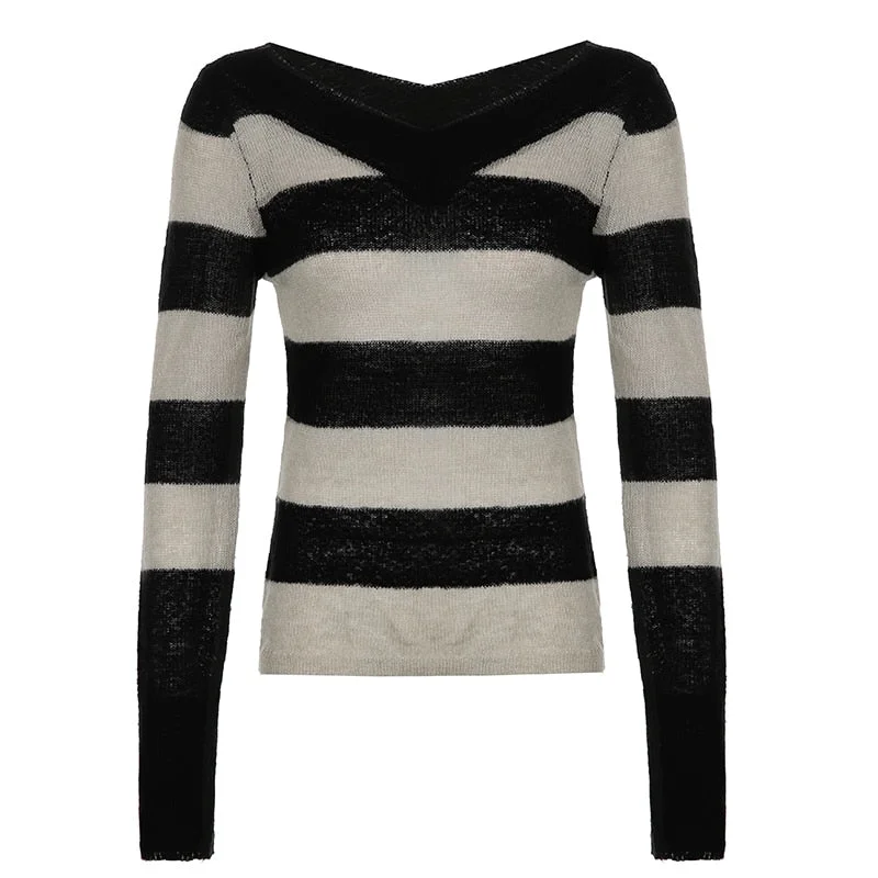 Darlingaga V Neck Stripe Long Sleeve Knitted Sweater Women Tops Casual Basic Vintage Autumn Pullover Tops Y2K Pull Femme Clothes