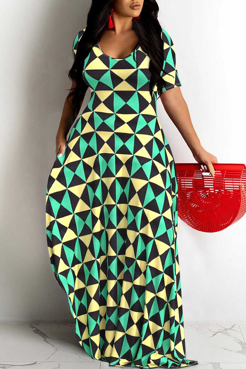 Plus Size Casual Green Geometric Print Round Neck Short Sleeve Pocket Maxi Dress [Pre-Order]