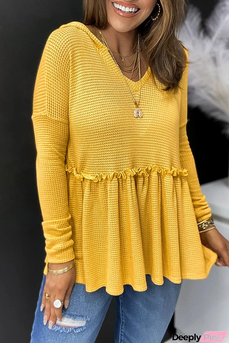 Yellow V Neck Drop Shoulder Hooded Flowy Top with Frill