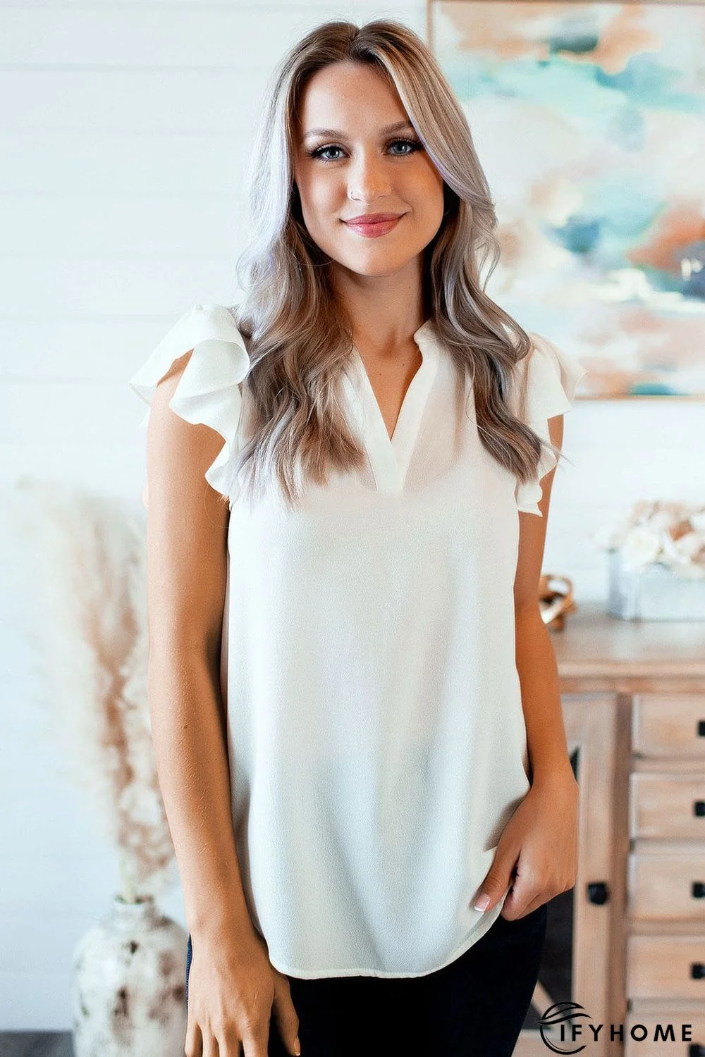 White Ruffled Sleeveless V Neck Top | IFYHOME
